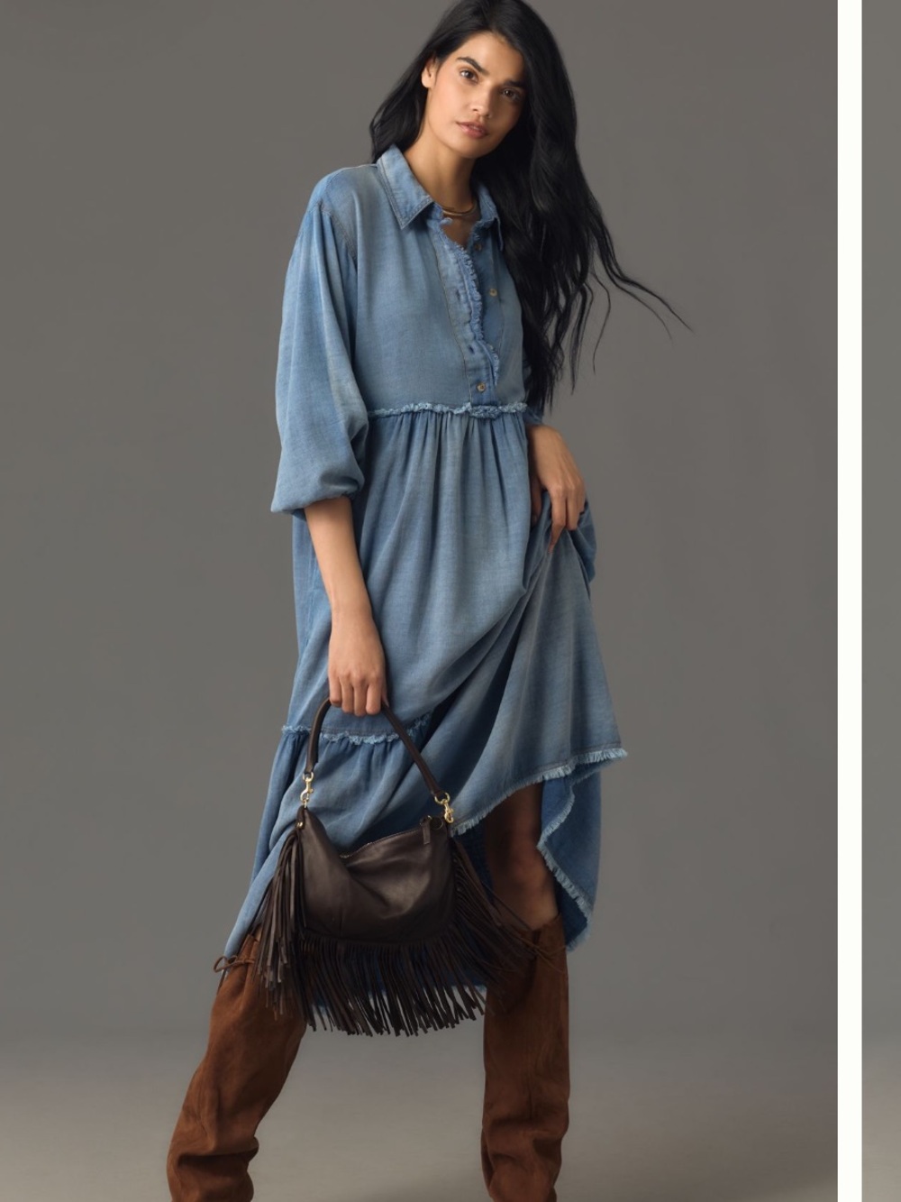 Maeve for Anthropologie Bettina Tiered Denim Shirt Dress Dark Blue Wash Size XL